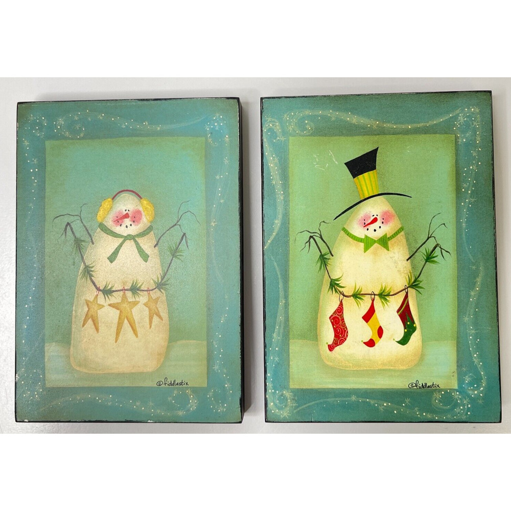 Lot Of 2 Snowman Stringing Socks & Stars Framed Picture by Fiddlestix 7" x 5"